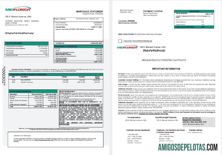 Extrato de hipoteca do USA MidFlorida Credit Union Bank em formatos Word e PDF 1 2 exemplo real